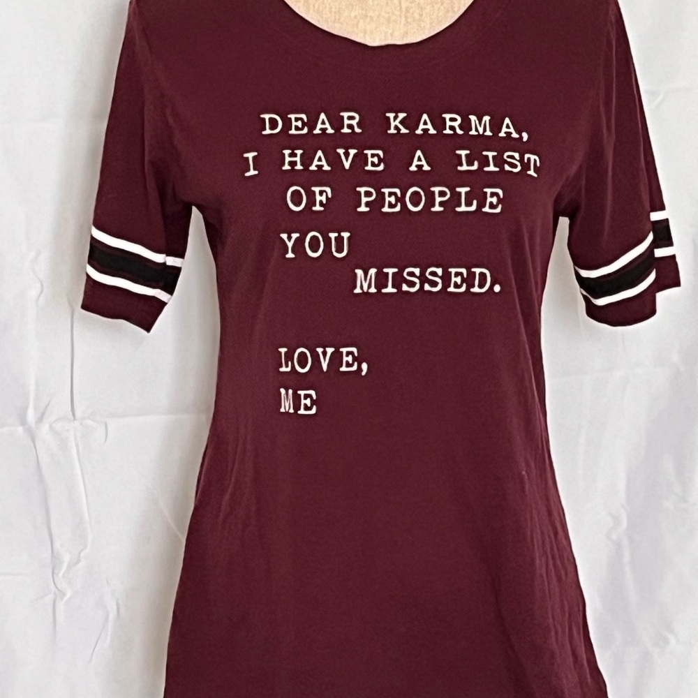 Women's Maroon V-neck Graphic Tee Dear Karma bold text